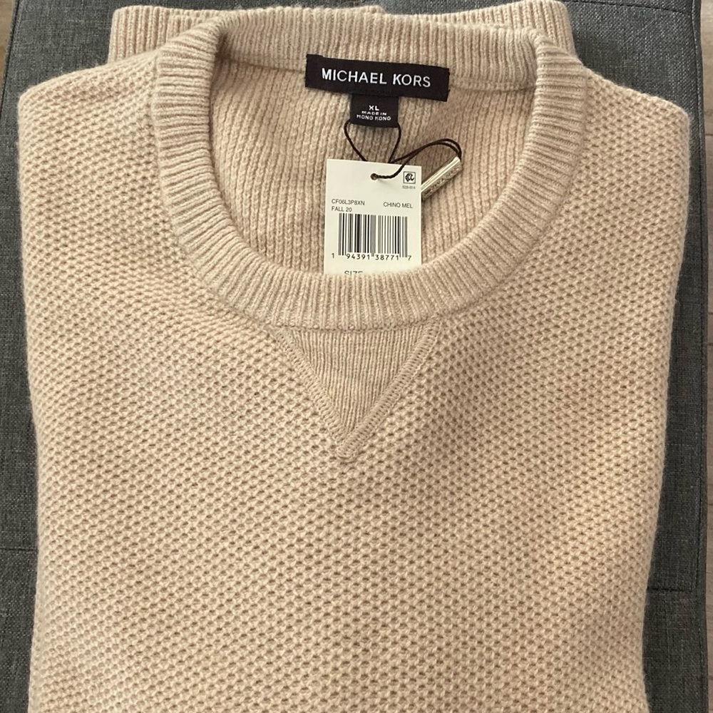 Michael Kors Mens Textured Wool Blend Knit Sweater Beige NWT